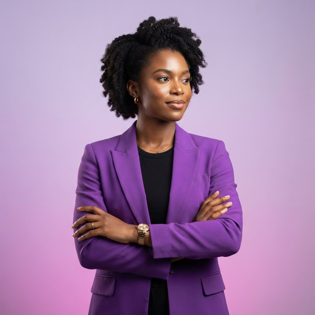 Mulher empreendedora vestindo um blazer roxo, de braços cruzados, transmitindo confiança.